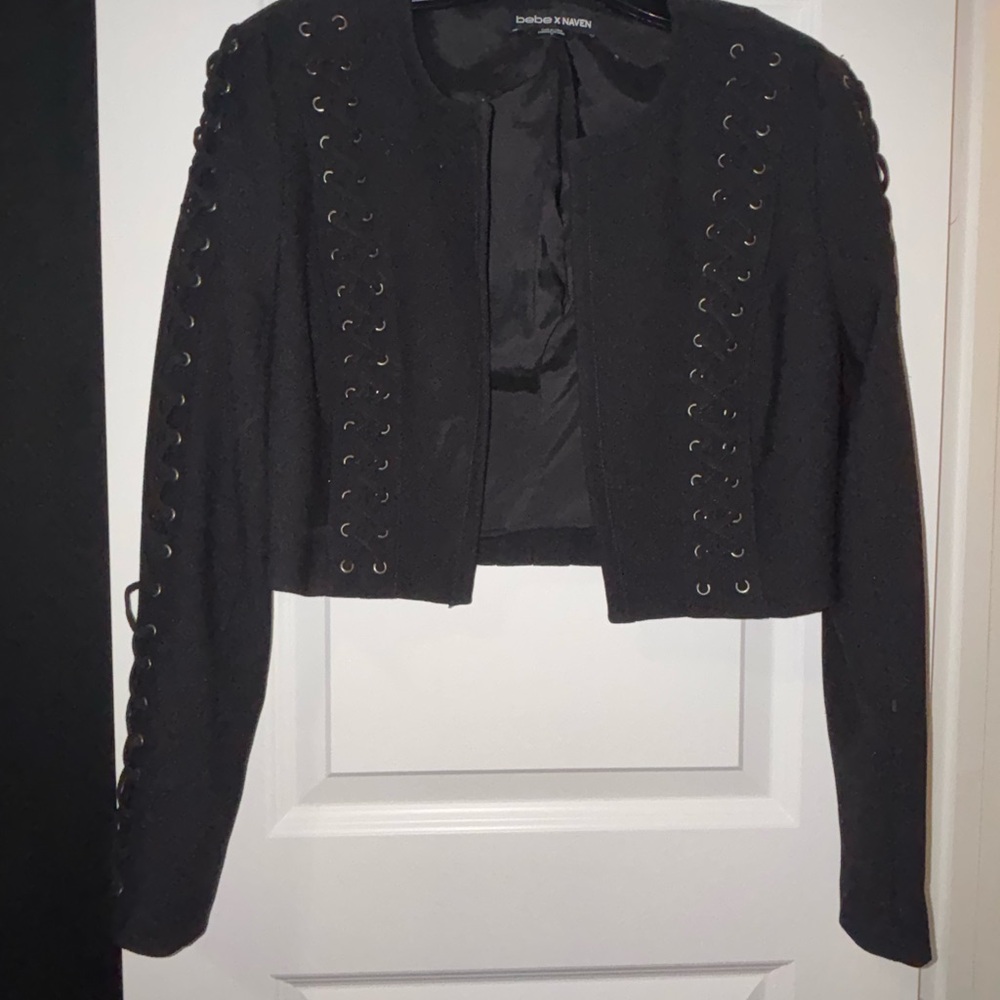 bebe Black Cropped Blazer with Eyelet Lace-Up Detail